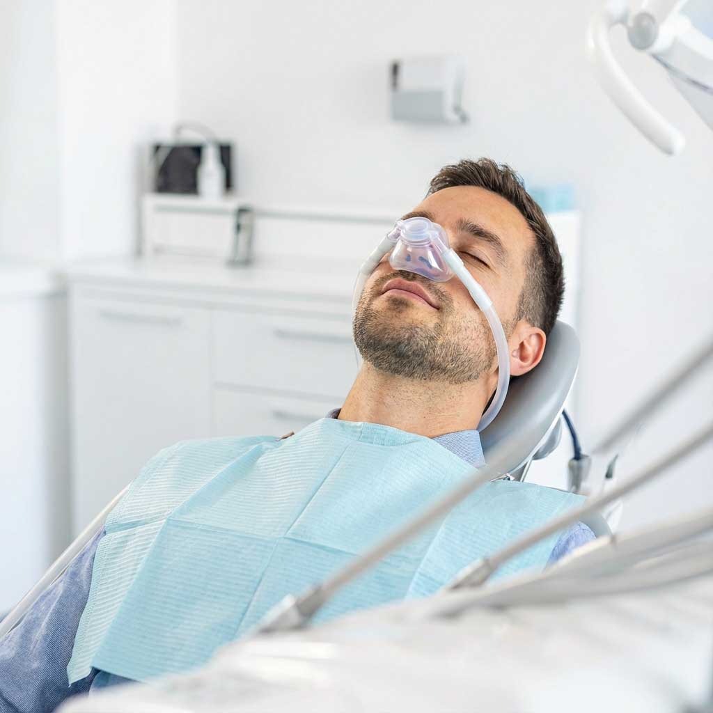 Firefly_Gemini-Flash_männlicher-patient-liegt-auf-dem-zahnarztstuhl-und-wird-mit-lachgas-behandel Lachgas-Sedierung in Barmstedt wirkt effektiv gegen Zahnarztangst